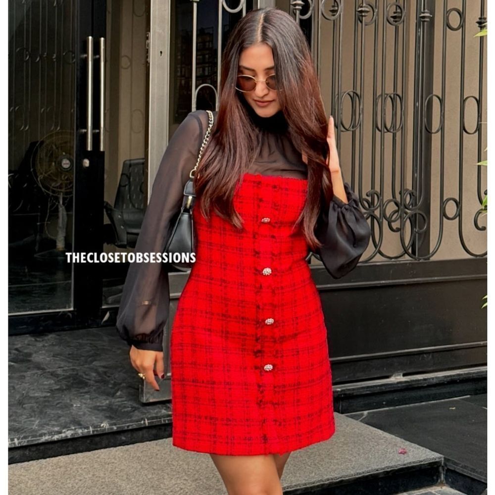 NWT ZARA Bloggers Fav COMBINATION STRUCTURED DRESS Mini Red black tweed Jewel - Picture 17 of 17